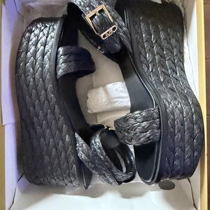 Michael Kors Black Sandra Flatform Sandals with Gold Buckle